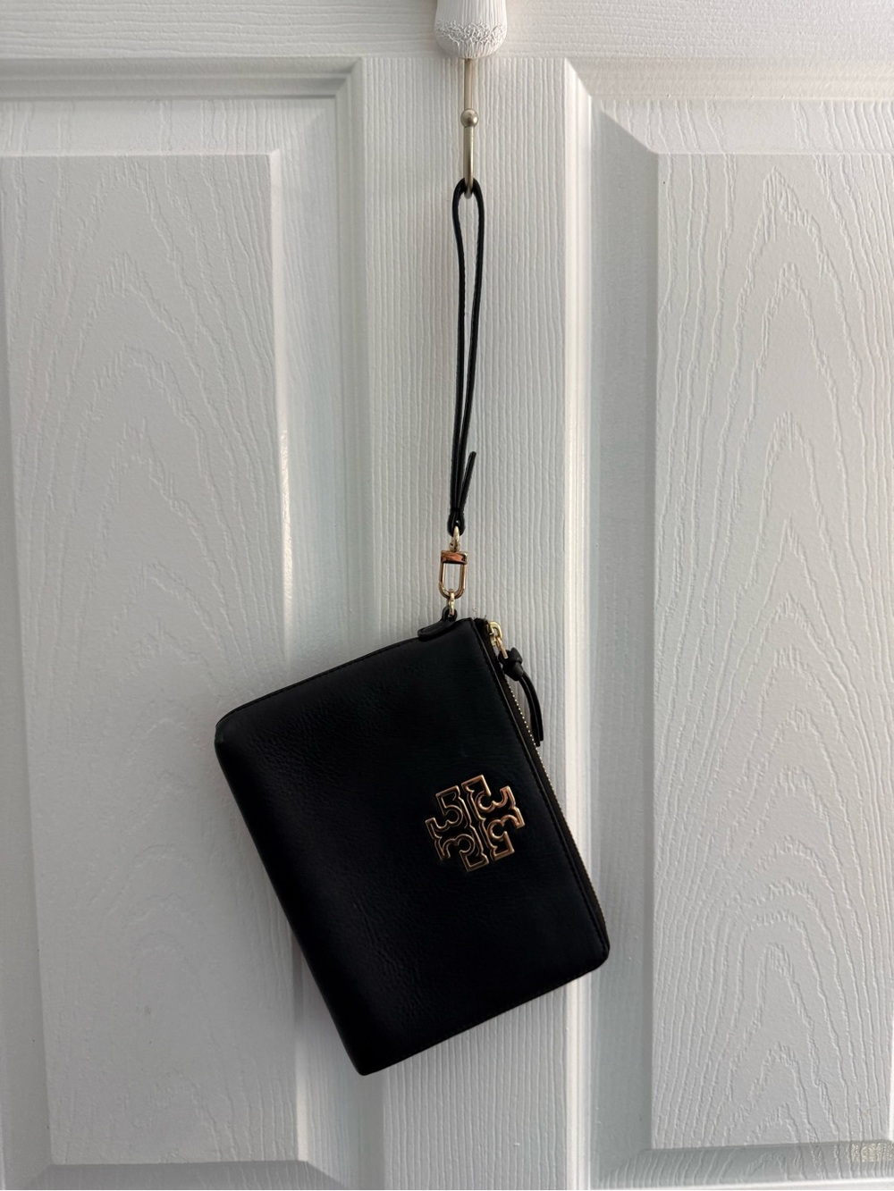 Tory Burch Black Leather Wristlet with Gold Logo Accent